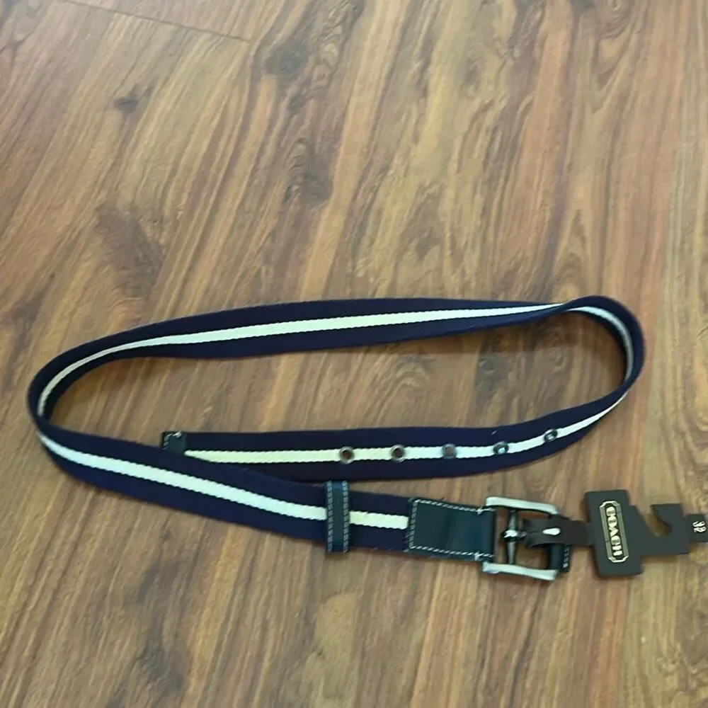 NWT Coach belt mens navy beige leather size 32